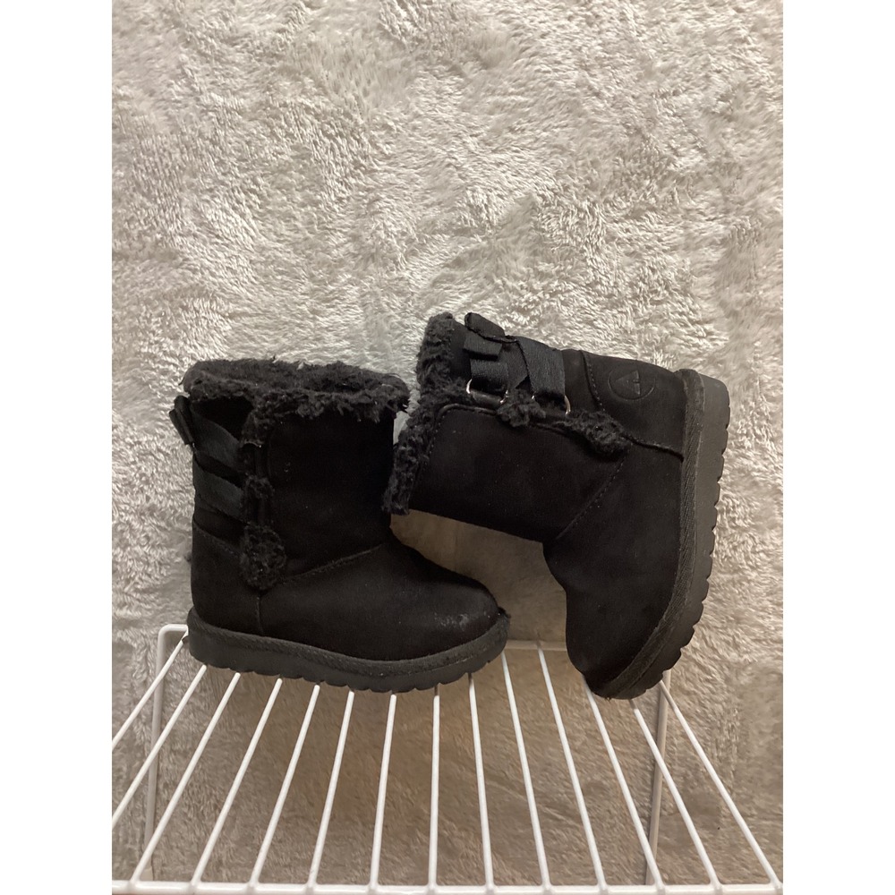 Kids Black Faux Suede Fur Trimmed‎ Boots Buckle Detail Size 5 - Picture 2 of 6